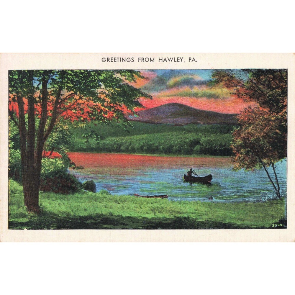 Vintage 1936 Hawley PA Linen Postcard Lake Mountain Canoe Scene Poconos PA - Picture 1 of 2